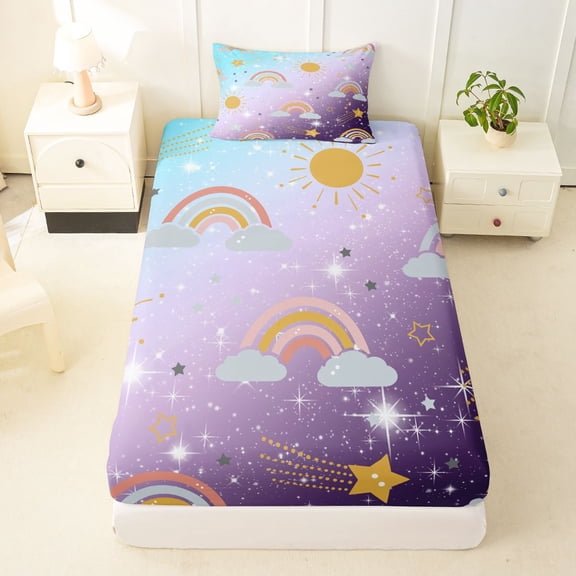 Manfei Kawaii Rainbow Twin Fitted Sheet, Bling Stars Galaxy Print Bedding, Blue Purple, 2-Piece, 1 Fitted Sheet and 1 Pillowcase
