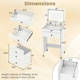 thumbnail image 3 of 20-Inch 3-in-1 Compact Vanity Desk with Flip Top LED Mirror, Hidden Storage Chair, and 2 Drawers, White, 3 of 9