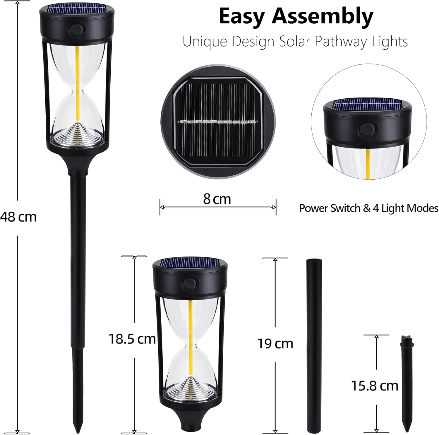 Kidsjoy 4 Pack Solar Pathway Lights Outdoor, Hourglass Design Solar Lights Waterproof, Auto On/Off Warm LED Garden Lights for Walkway, Yard, Patio, Lawn Decor