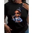 thumbnail image 1 of 1pc Women's Regular Size Casual Crew Neck T-Shirt with Cute Cartoon Girl Print, Short Sleeve Knit Fabric Top, Cotton 100%, All Season Fashion, 1 of 6