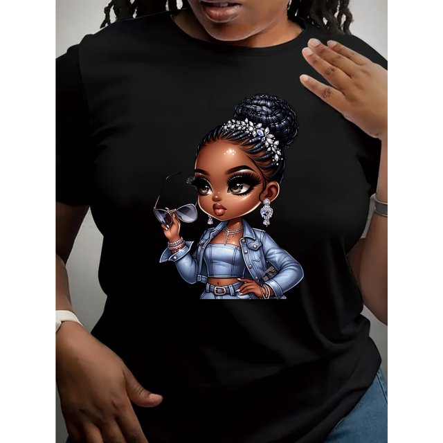 1pc Women's Regular Size Casual Crew Neck T-Shirt with Cute Cartoon Girl Print, Short Sleeve Knit Fabric Top, Cotton 100%, All Season Fashion