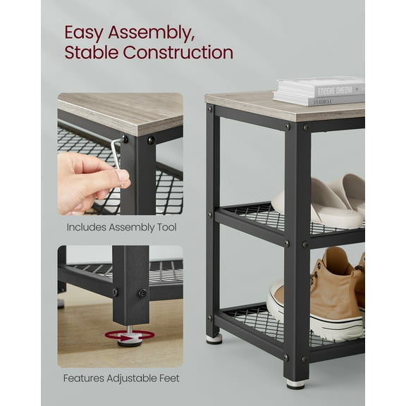 3-Tier Sturdy Shoe Rack Bench with Metal Mesh Shelves, Freestanding Entryway Organizer for Shoes & Storage, 11.8x39.4x17.7 Inches, Greige Black