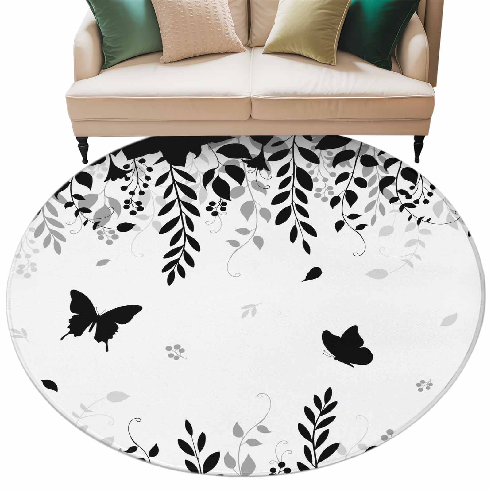 Black Spring Botanical Round Area Rugs Collection 7 Weeping Eucalyptus Butterfly Non Slip Indoor Circular Throw Runner Rug Floor Mat Carpet for Living Room Dining Table Bedroom Nursery