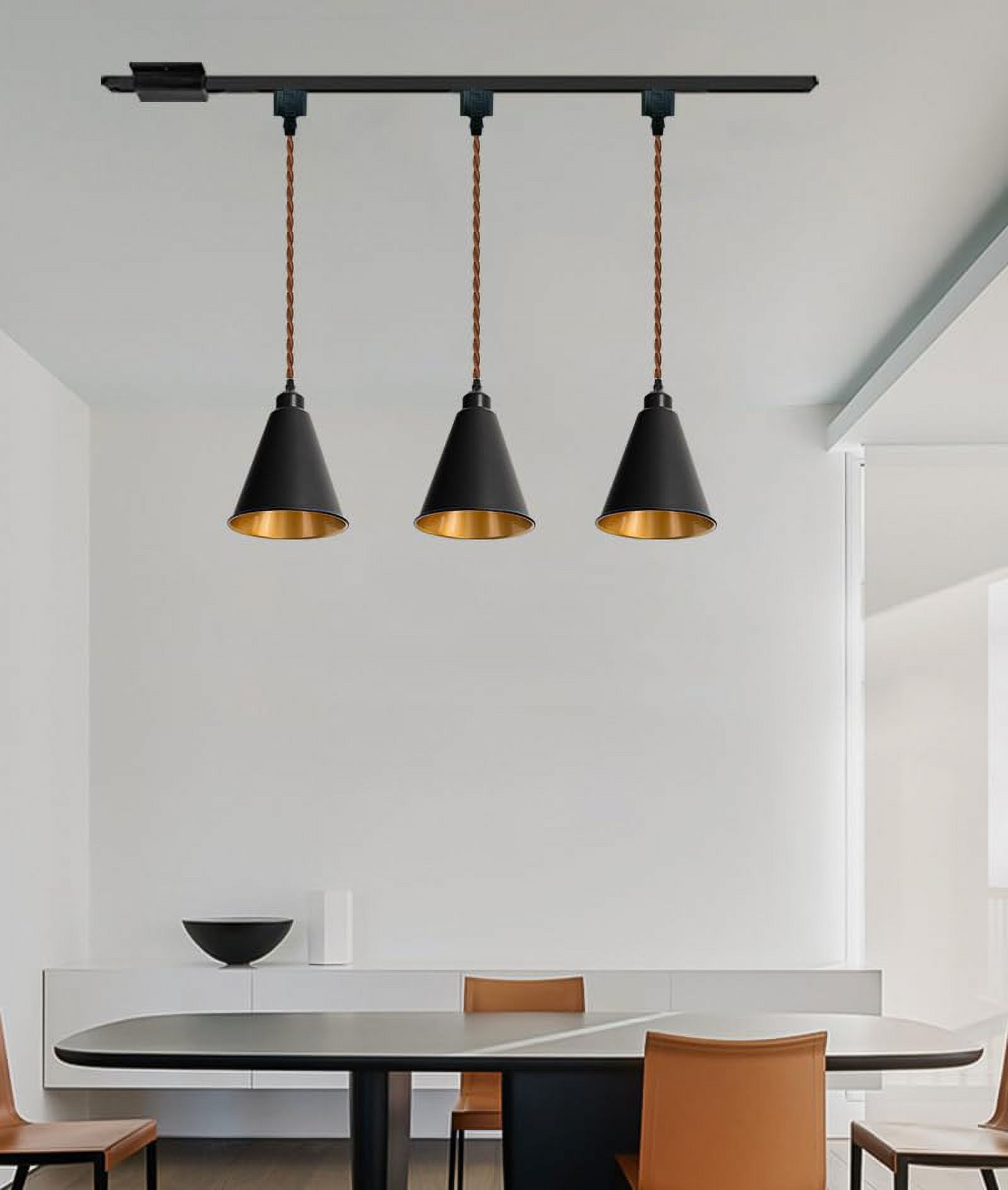 LAYYELAMP Black Metal Cone Shade Inner Gold Track Lighting H-Type 39.3 Inches Brown Twisted Cord Vintage Remote RGB Warm Light Track Lamp for Kitchen Dining Table Loft