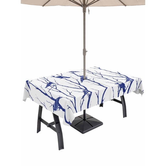 Outdoor Tablecloth with Umbrella Hole and Zipper, Navy Blue Branches Birds Rectangle Table Cloth 60x102 Inch Waterproof Tablecloth, Abstract Forest Silhouettes Picnic Table Cover for Patio Camping