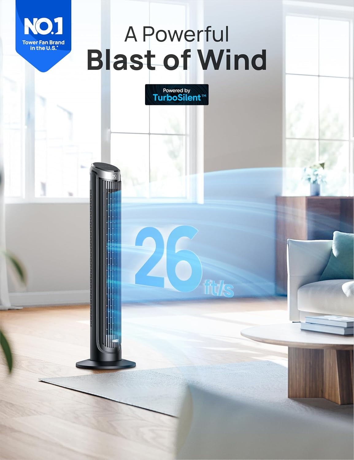 DREO Tower Fans for Bedroom, 90° Oscillating Fans for Indoors, 4 Modes ,5 Speeds ,Max 26Ft/s, 12H Timer, LED Display with Touch, Remote Control, 40" Quiet Bladeless Standing Floor Fan for Home Office