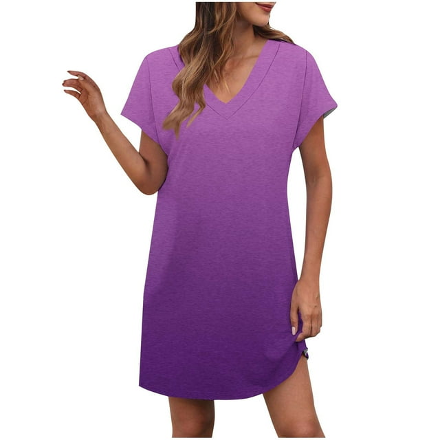 LOVZFMLL Robes d'Été pour Femmes Décontractées Amples T-Shirt Robe Droite Col en V Manches Courtes à Revers Uni Basique Tenues Quotidiennes Violet B L