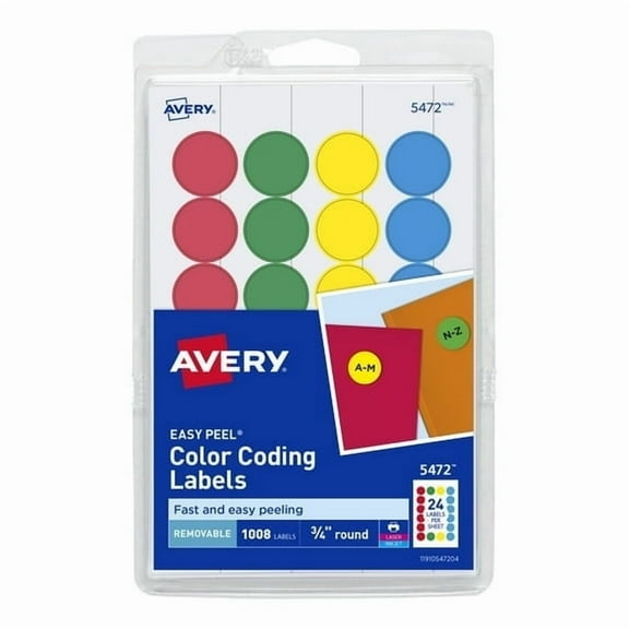 Avery Color Coding Labels, 3/4" Round, Paper, Removable, Assorted Colors, Laser/Inkjet, 1008 Labels (4 Pack)