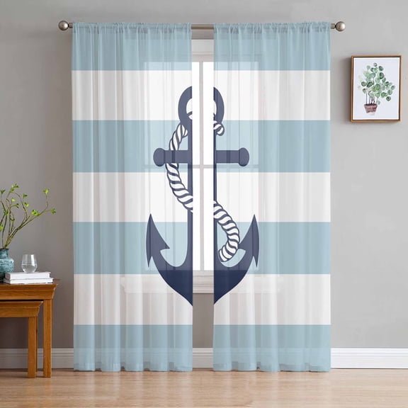 Aqua Stripe Nautical Sheer Curtains 84 Inch Length 2 Panels Set for Living Room/Bedroom, Navy Blue Anchor Summer Coastal Curtain Sheers Drapes Rod Pocket Curtains Window Treatment Set 52''x84''x2