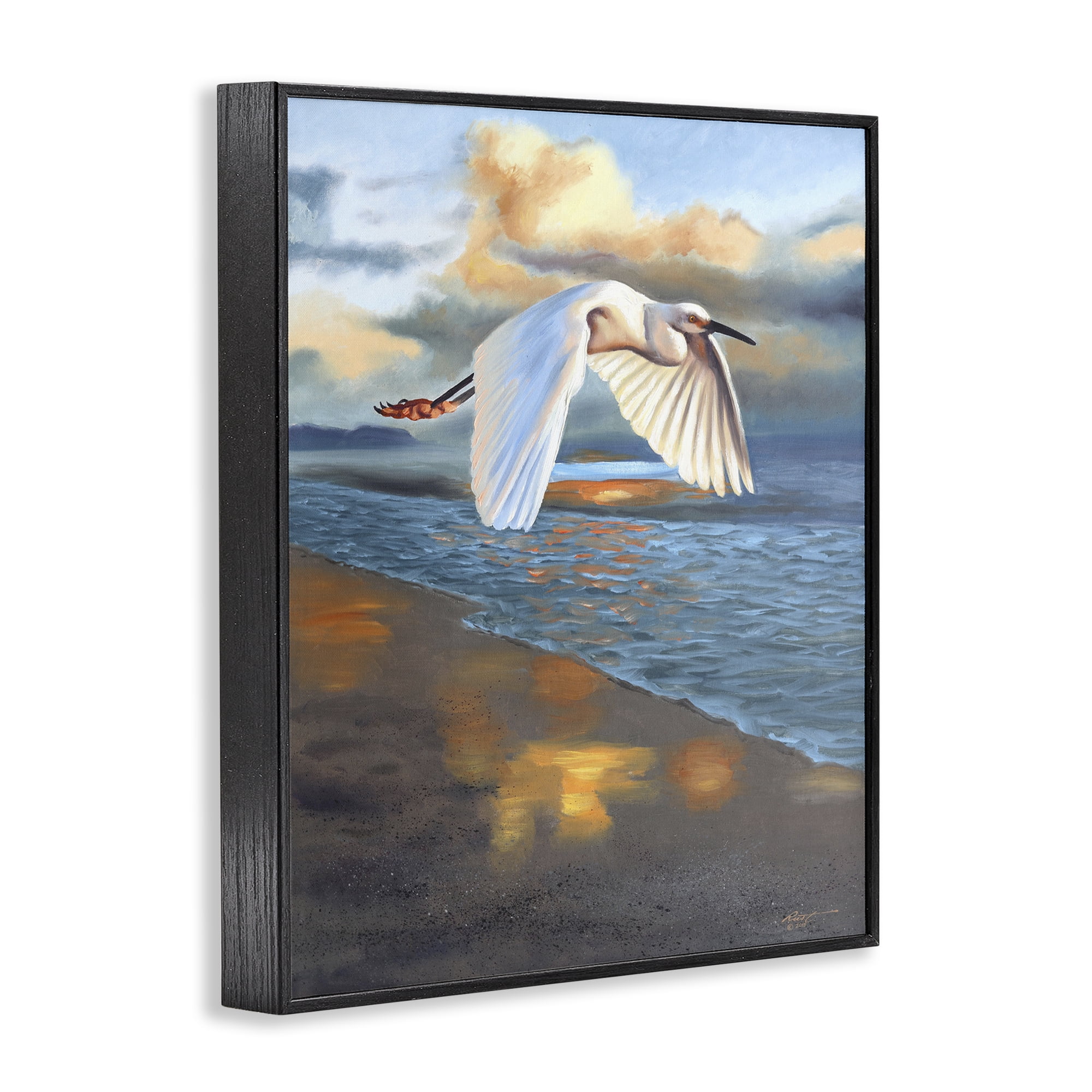 Stupell Industries Egret Wingspan over Beach Landscape Painting Black Framed Art Print Wall Art, 16 x 20