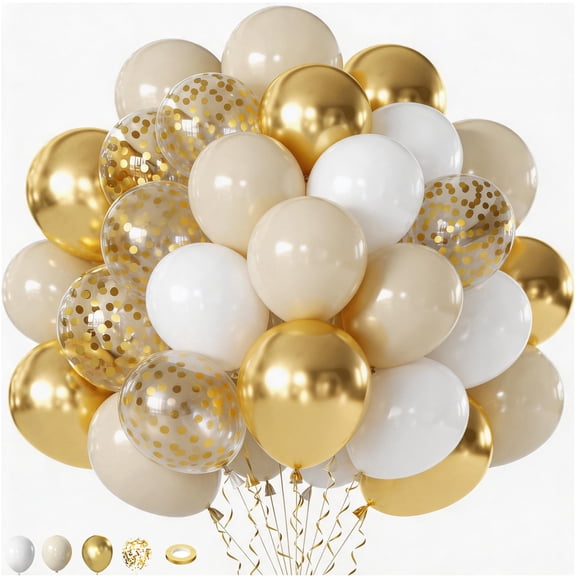 White and Gold Balloons, 50pcs 12 Inch Metallic Champagne Gold Balloons Sand Beige White Balloons for Birthday Graduation Wedding Gender Reveal Party Decorations