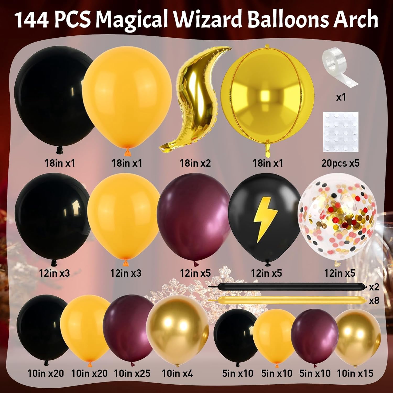 144PC Magic Balloons Arch Kit, Burgundy Black Gold Balloon Garland with DIY Broom Golden Sphere Foil Balloons, Maroon Mustard Yellow Confetti Balloon for School Birthday Decorations Party