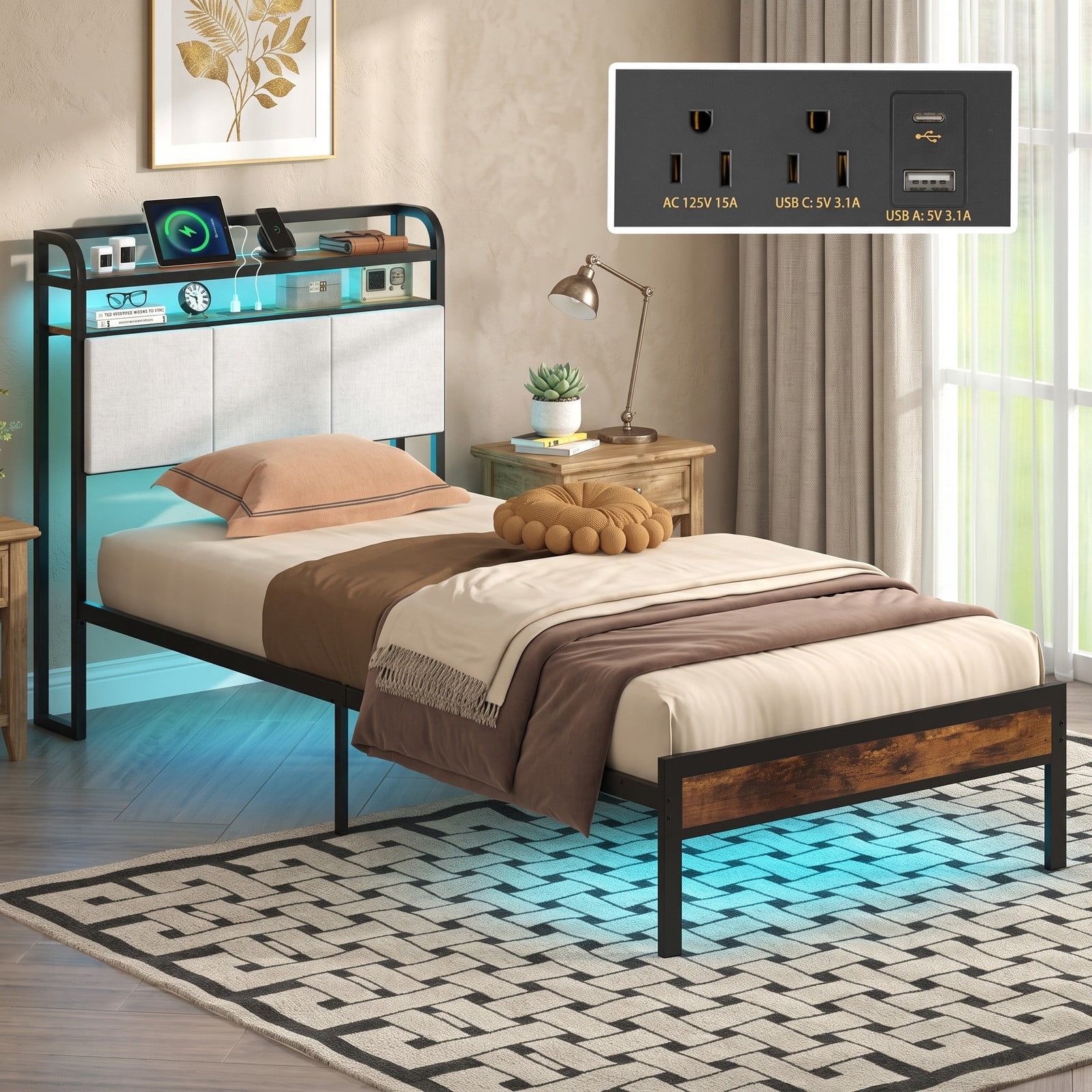 Furnibear Queen Bed Frame with Storage Headboard, Queen Platform Bed Frame with LED Lights and Charging Station, Rustic Brown and Gray