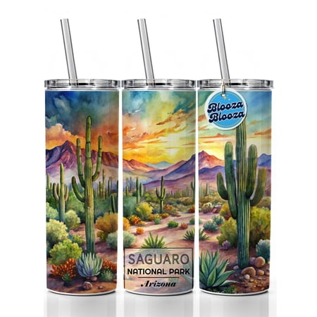 Saguaro National Park Cactus Arizona Watercolor 20oz Insulated Water Bottle Skinny Tumbler Includes Straw