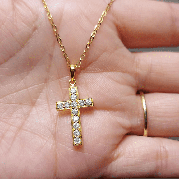 2.00CT Round Cut Simulated Diamond 925 Silver Women's Cross Pendant 14k Yellow Gold Plated