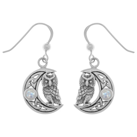 Jewelry Trends Sterling Silver Celtic Knot Crescent Moon Owl Dangle Earrings with Moonstone