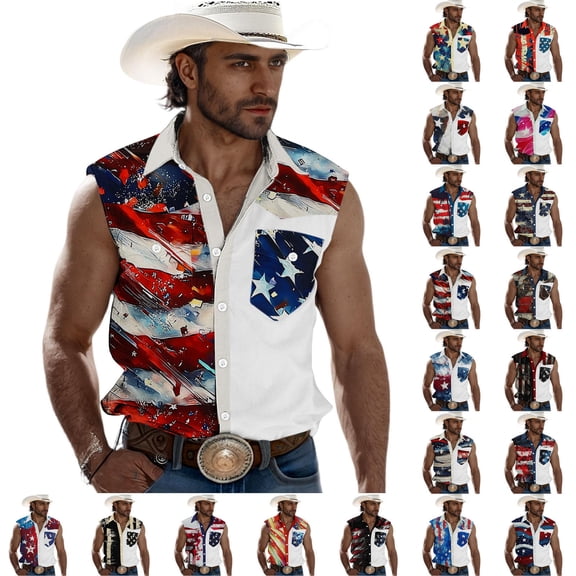 LWITHSZG Sleeveless Patriotic Shirts for Men American Flag ​Printed Button Down Shirt Graphic Tank Top Summer 4th of July Outfits S-3XL
