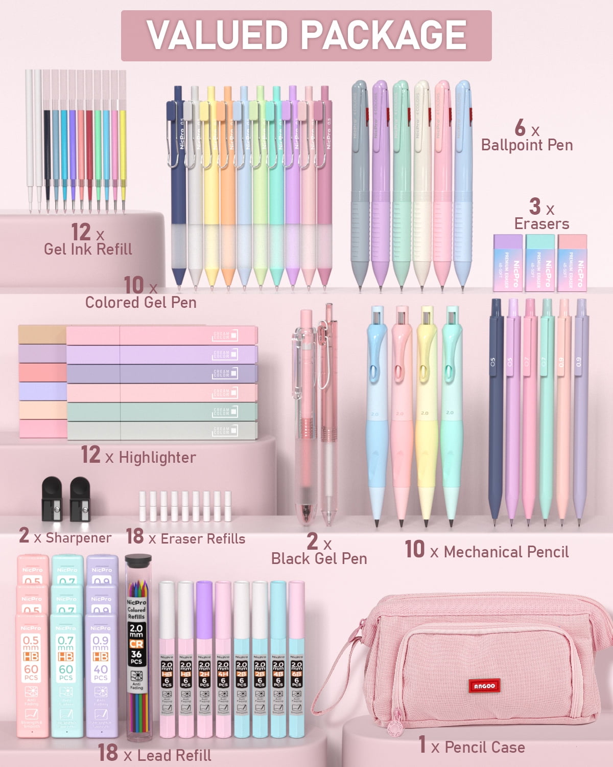 Nicpro 78 PCS Pen Case Supplies, 12 Pastel Highlighters, 12 Color & Black Ink Gel Pens, 10 Mechanical Pencils 0.5, 0.7, 0.9, 2.0 mm, 6 Ballpoint Pen