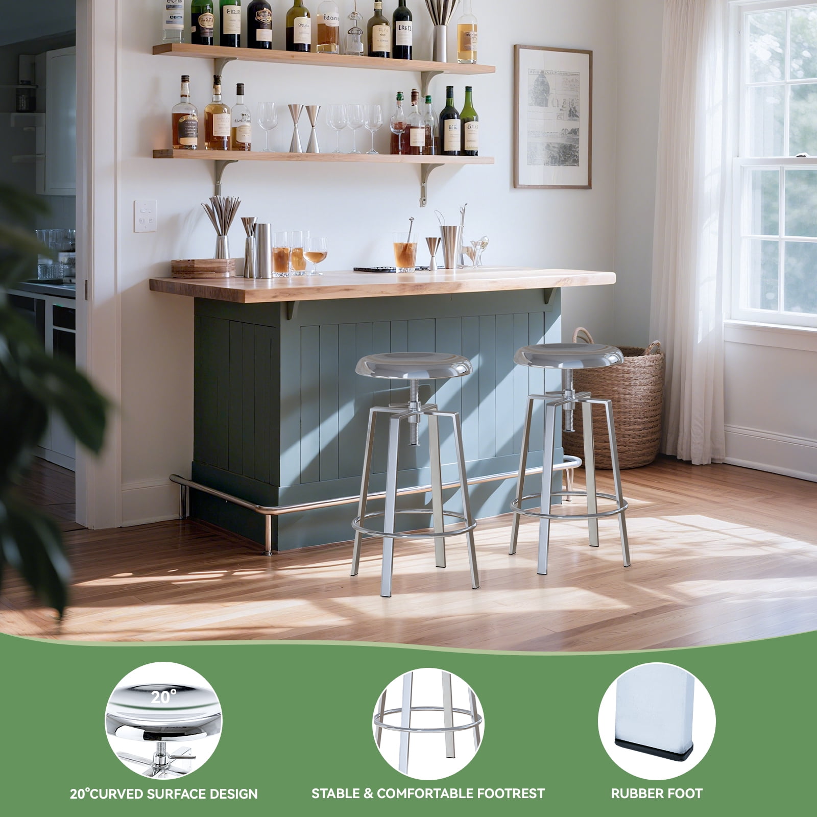 Industrial Bar Stools Set of 2, Metal Adjustable Swivel Four Legged Round Barstools, Atlas Backless Counter Height Bar Chairs for Kitchen Dining, Silver