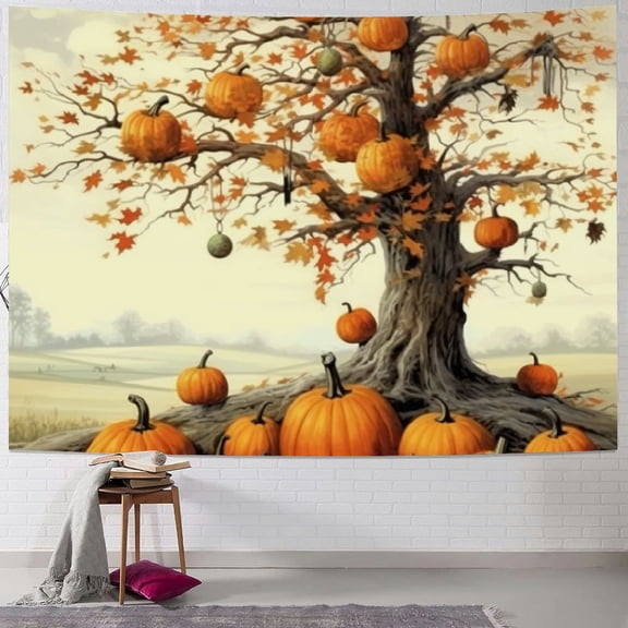 Pratyus Pumpkin Tree Pumpkins Autumn Halloween Tapestry Wall Hanging Short Plush Durable Lightweight Home Decor Art 60x50inch