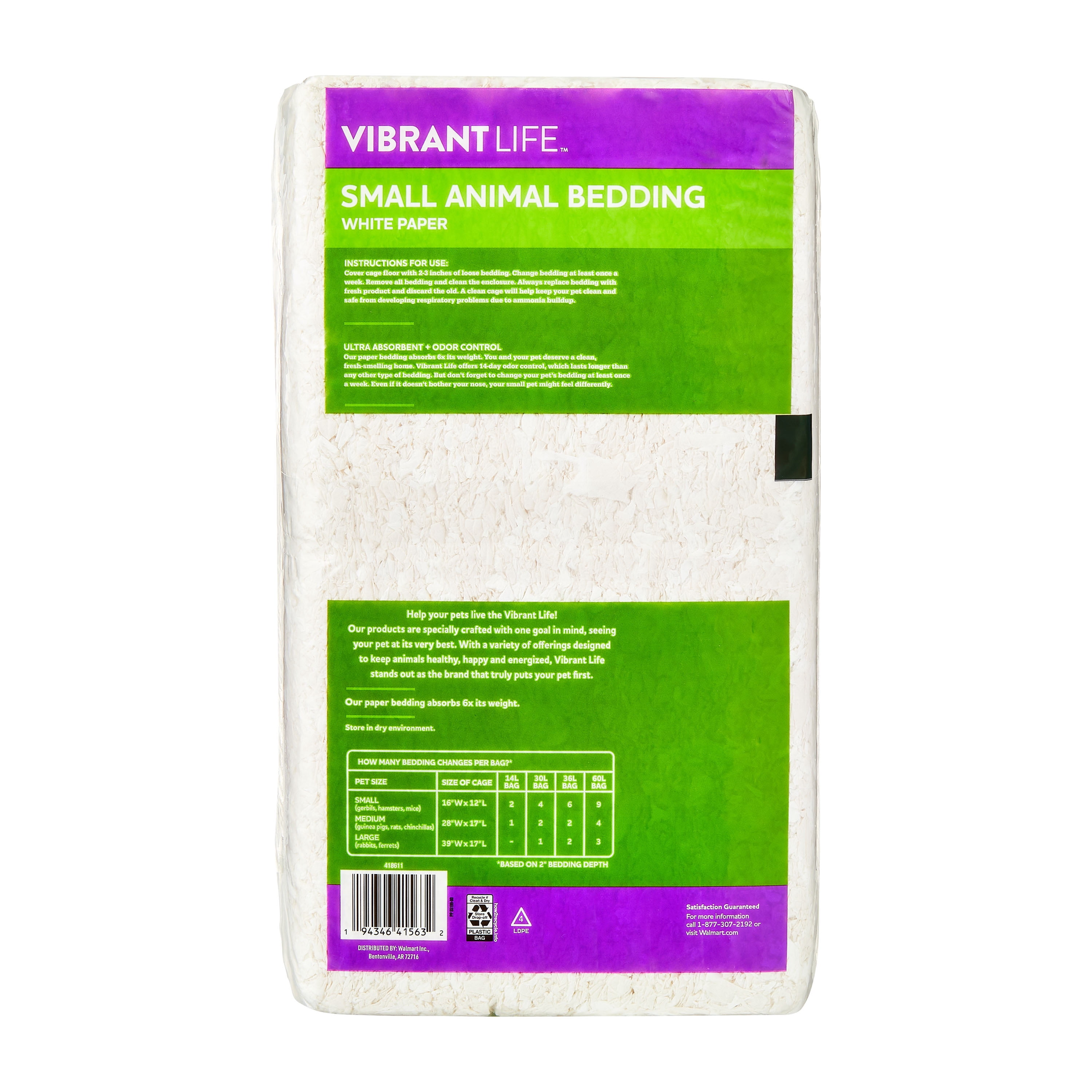 (3 pack) Vibrant Life Small Animal Bedding, White Paper, 36 L Bag