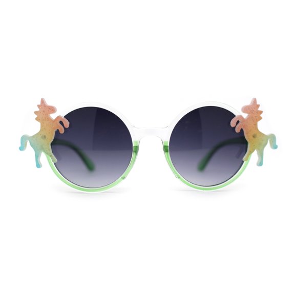 Kid Size Girls Rainbow Unicorn Pin Round Circle Lens Sunglasses Clear Green Smoke