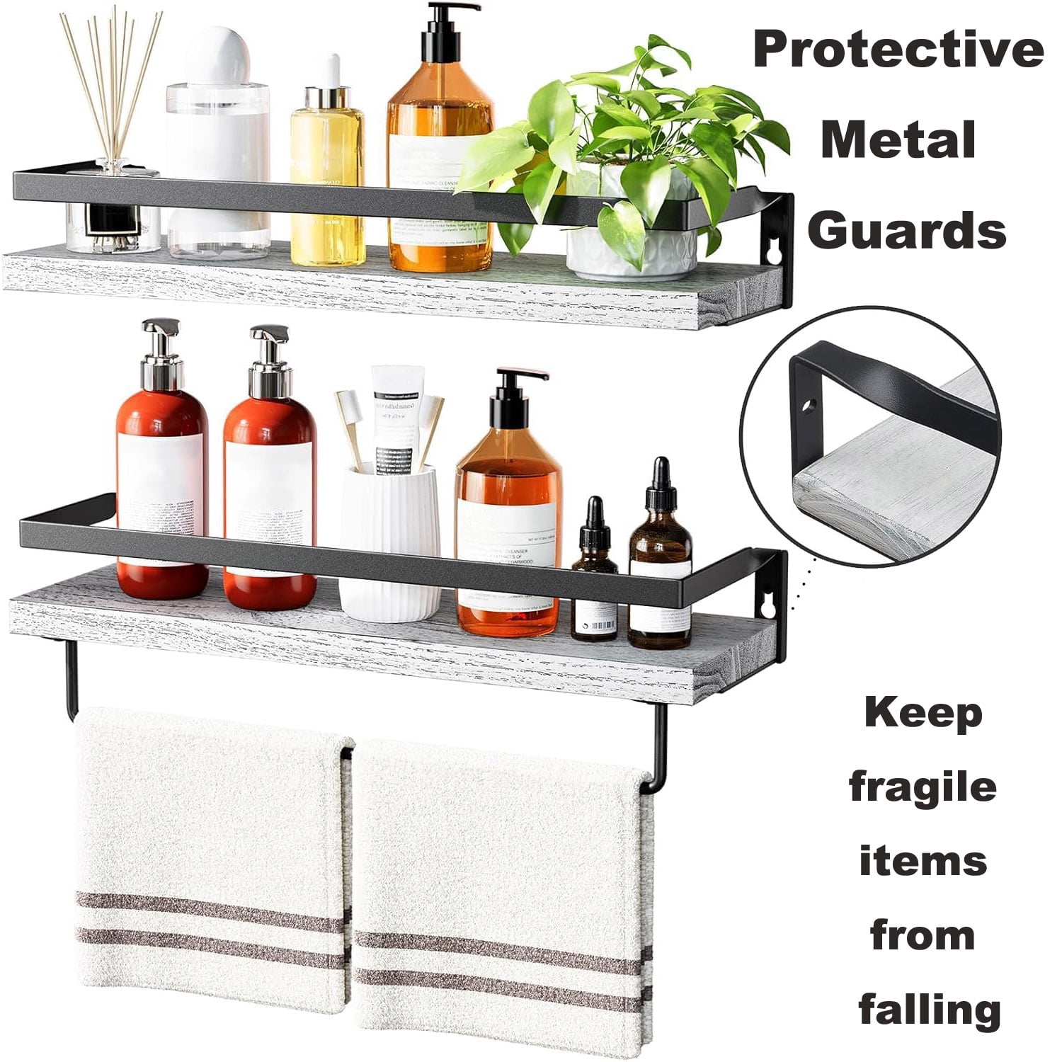 2-Tier White Wall-Mounted Floating Shelves W/Guardrail & Towel Bar, 16 Inch Rustic Wood Storage Shelf for Living Room Kitchen Bedroom, Bathroom Shelves Over The Toilet