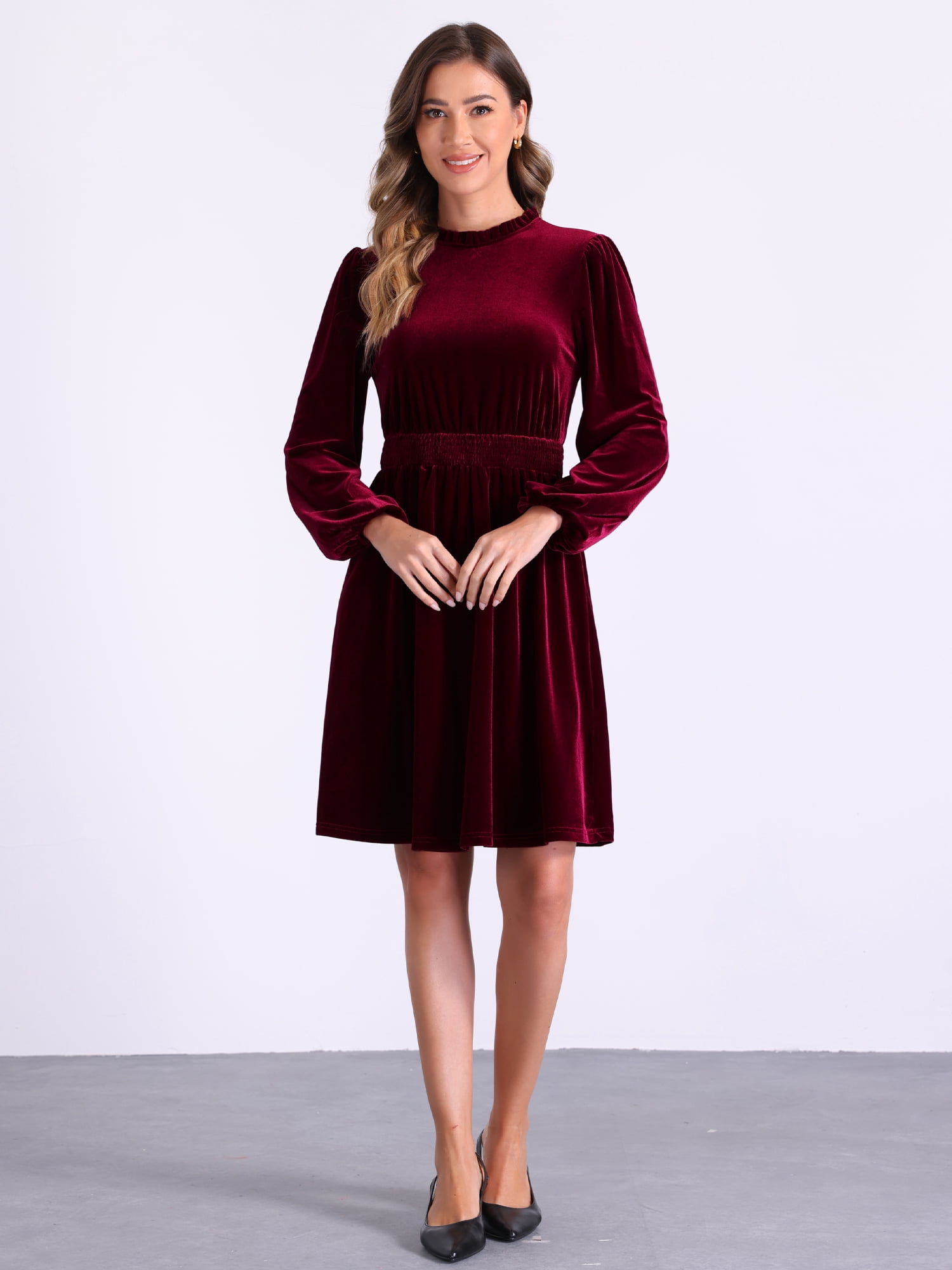 DARING DIVA Velvet Smocked Waistline Wedding Guest Dress L Red