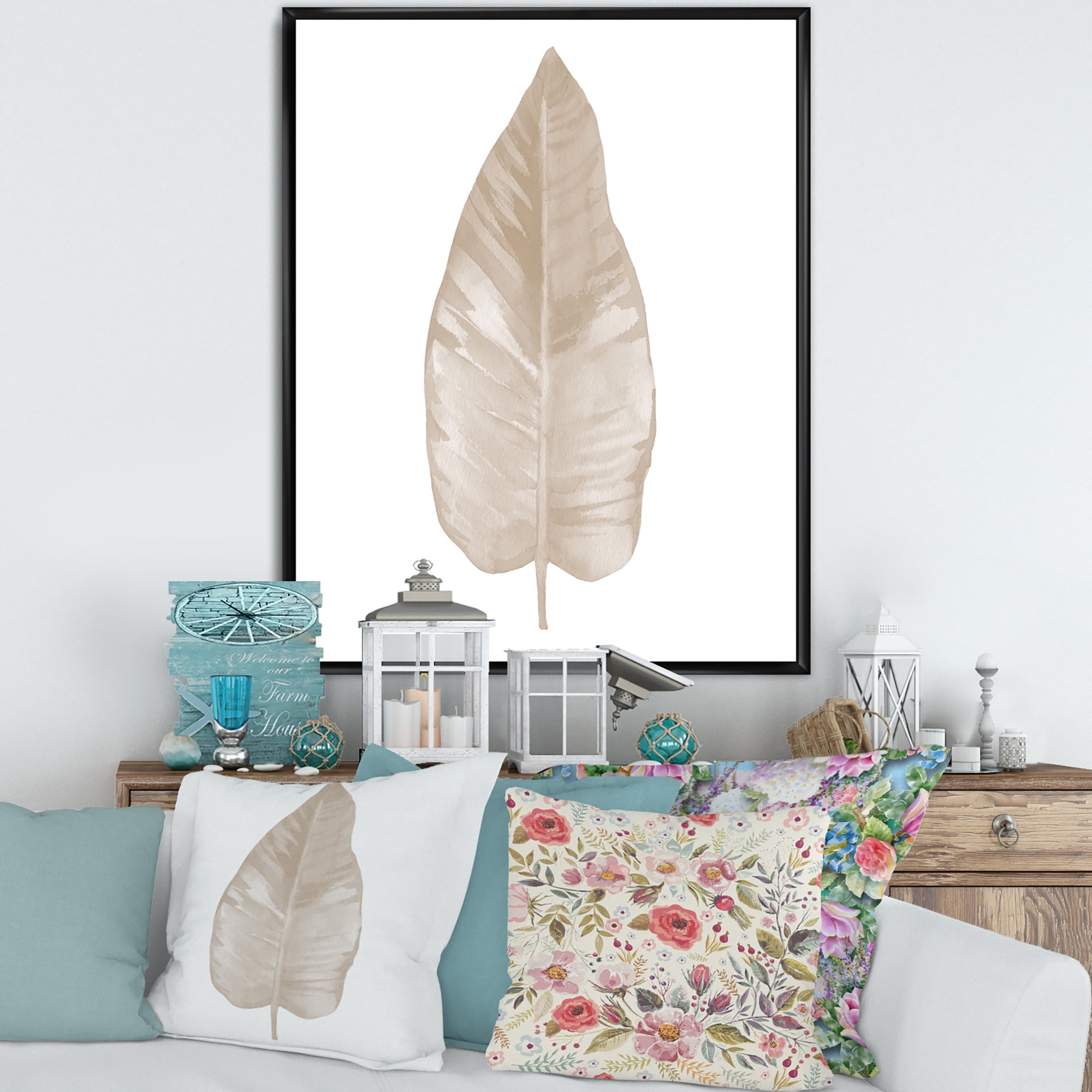 Designart 'Dried Leaf Plant Beige On White Background' Traditional Framed Canvas Wall Art Print