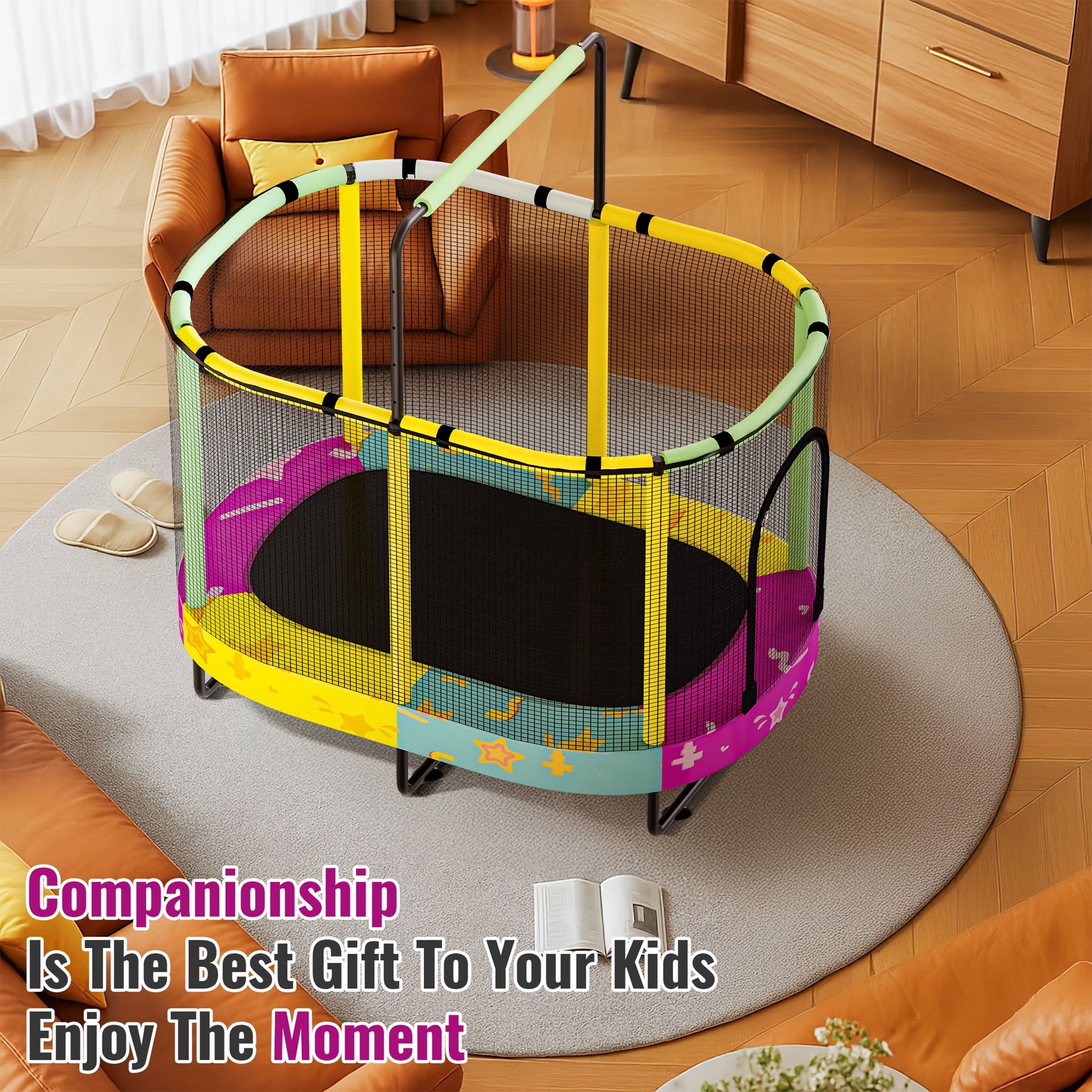 MOOSENG Elliptic Kids Trampoline, Bouncing Trampoline with Safety Enclosure Net, Adjustable Height Handrail, 500lbs Capacity, Designs for Boys & Girls, 7-in-1, 55” (Colorful Star）