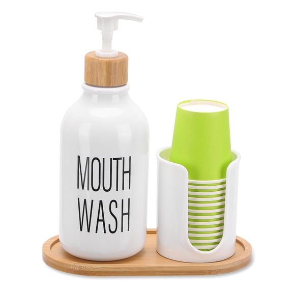 Dispensador de enjuague bucal Tbestmax de plástico blanco de 500 ml con portavasos