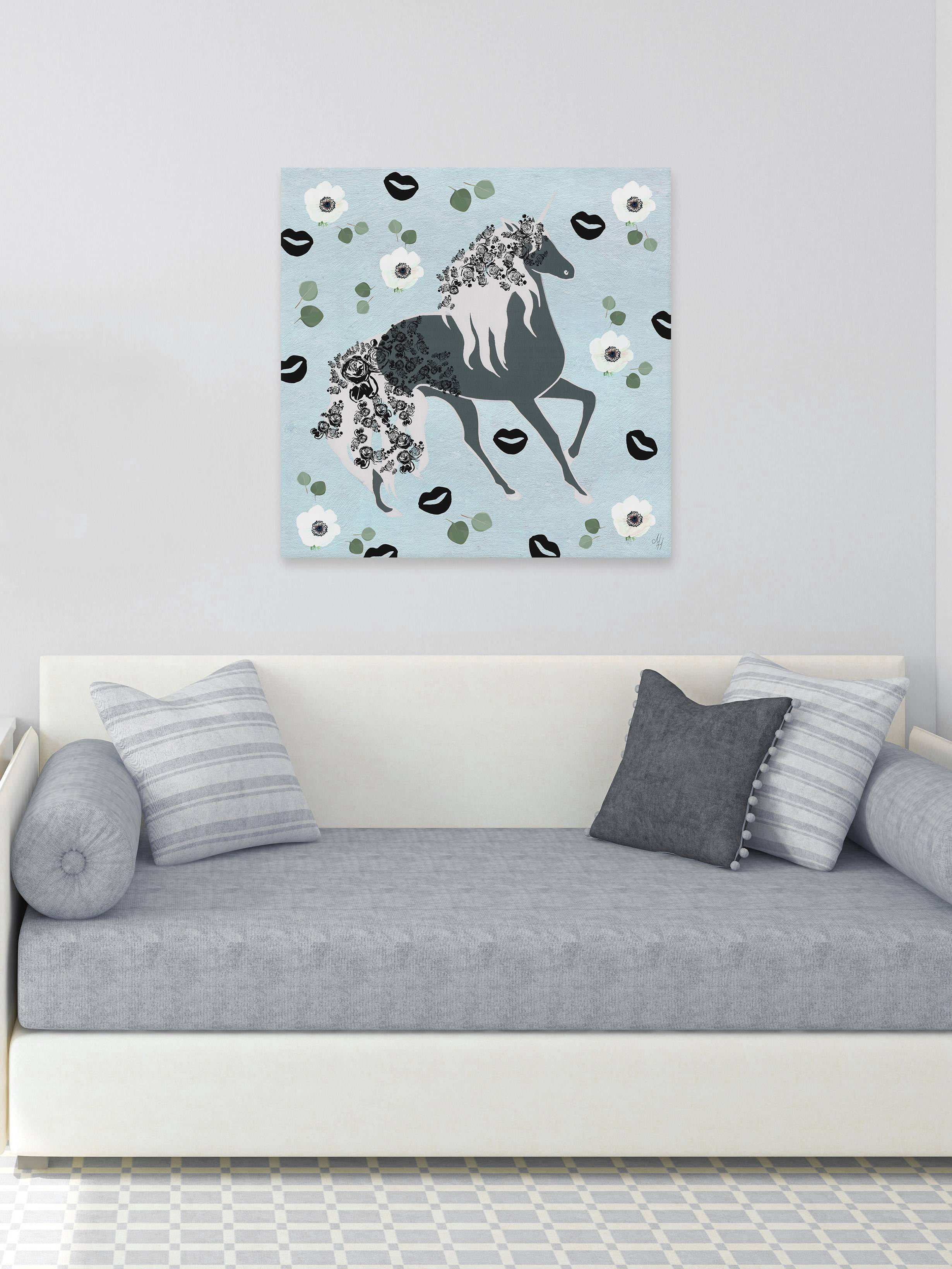 Marmont Hill Black Floral Unicorn Canvas Wall Art