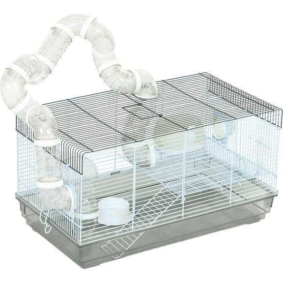 LILEYI Hamster Cage, 2 Levels Gerbil Cage, Small Animal Cage for Dwarf Hamster with Tubes and Tunnels, Exercise Wheel, Food Dish, Water Bottle, Ramp, 23" x 13" x 12", Gray