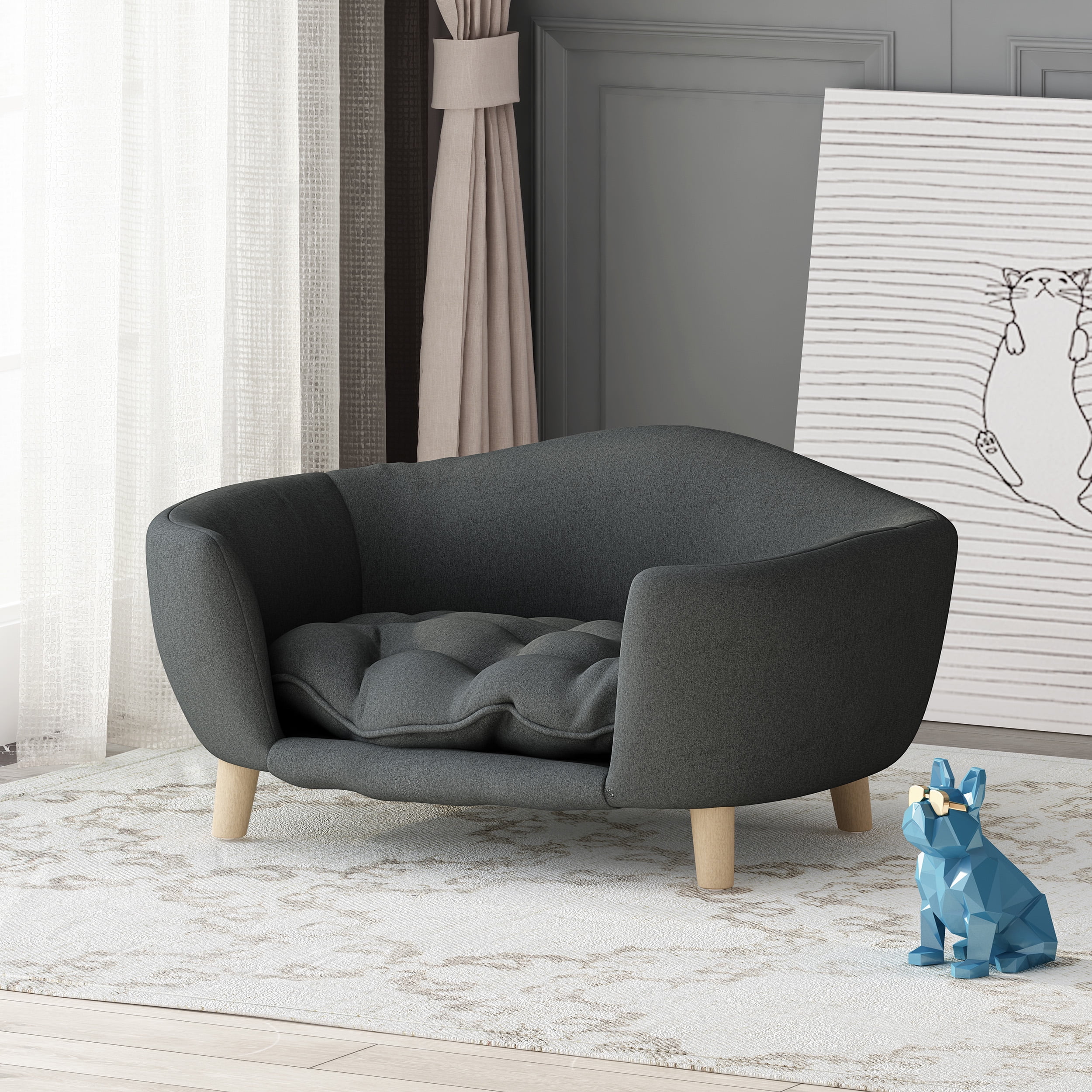 Noaman Small Dog Bed with Birch Wood Legs, 30.25 x 21.75 x 14 Inches Plush Tufted Cushion Pet Bed for Small Dogs 11-25 lbs, Mid-Century Modern Design, Dark Gray