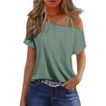 thumbnail image 1 of UPPADA T-Shirts d'Été Tendance pour Femmes à Col Rond, Épaules Dégagées, Hauts de Couleur Unie, Mode Décontractée, Coupe Ajustée, Hauts d'Entraînement, Vert, TG, 1 of 5