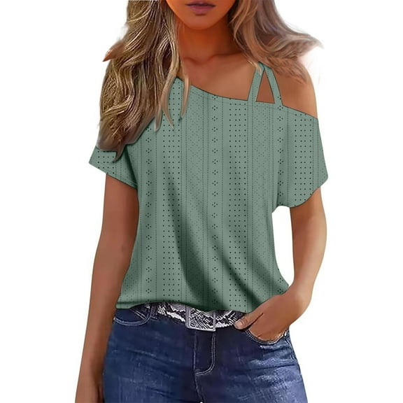 Vmvidoty One Shoulder Tops Cold Shoulder Shirts Summer Short Sleeve T-Shirts Vacation Loose Casual Tees Green S