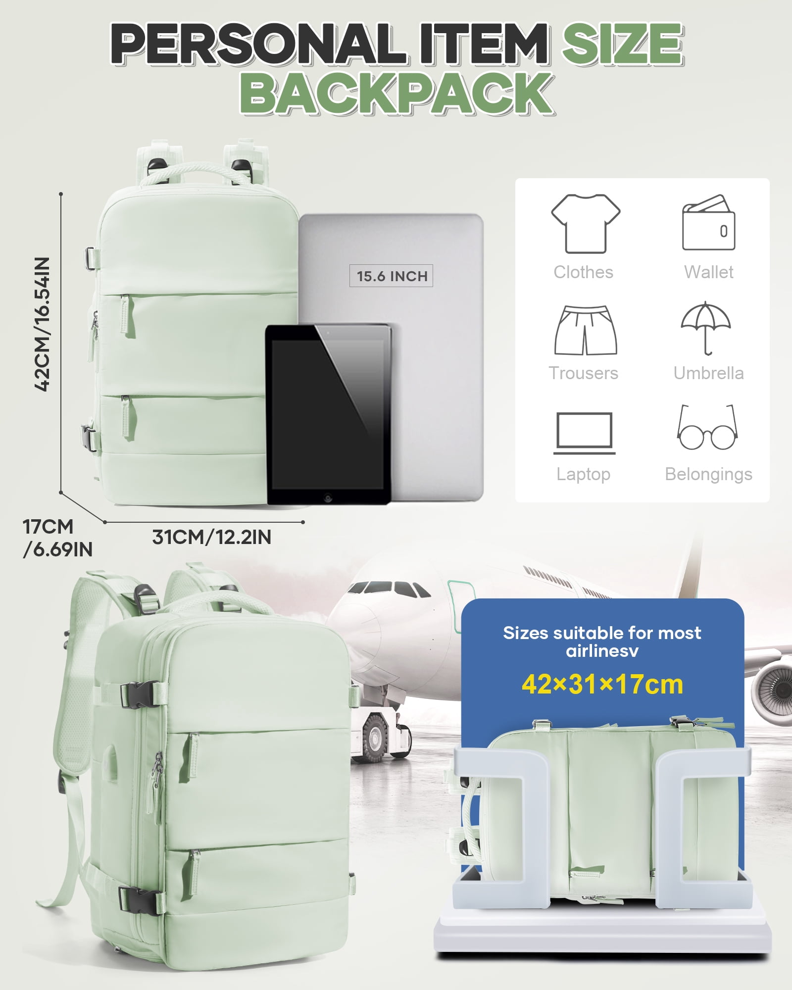 Vacuum Backpack for Travel, Vacuum Seal Carry on Backpack with Vacuum Compression, Travel Backpack with Pump for Women Men Airline Approved, Air Vacpack for Work College Daypack, Mint Green