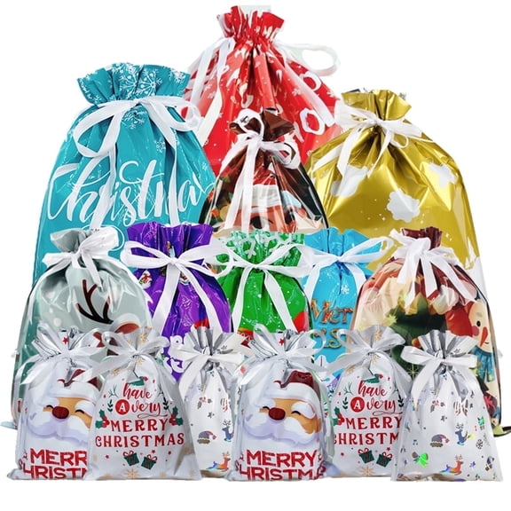 Christmas Drawstring Gift Bags, 15Pcs Xmas Wrapping Bags Assorted Sizes for Presents with Ribbon Ties for Birthday Holiday Party
