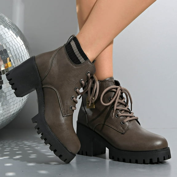 PiGOGI Women's British Style Ankle Boots for Women High Heel Lace Up Round Toe Chunky Sole Winter Fashion Boots Gray 42