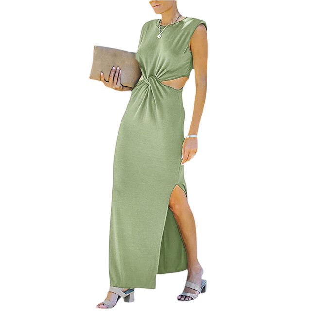 SAYOO Vestido de Verano para Mujer con Abertura Larga 2022, Color sólido Liso Sin Mangas con Cuello en O Irregular Dividido Vestido Hueco, Fiesta de Verano para Mujer/Club/Bar Estilo Trajes Largos SAYOO casual