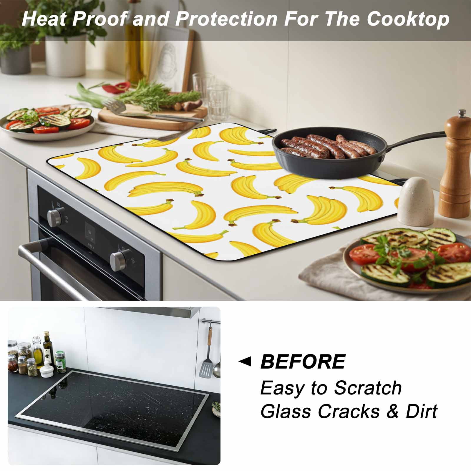 Yellow Banana Stove Top Cover for Electric Stove, Heat-proof & Non Slip Glass Top Stove Cover Protector, Summer Tropical Fruits Watercolor Kitchen Flat Cooktop Rubber Mat 24x21 Inches