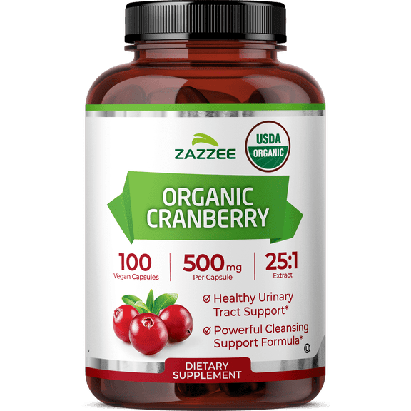 Zazzee Organic Cranberry 500 mg per Capsule – 100 Vegan Capsules – 25:1 Extract – Supports UTI Wellness & Urinary Tract Health – Vegan • Non-GMO • Kosher • Made in USA