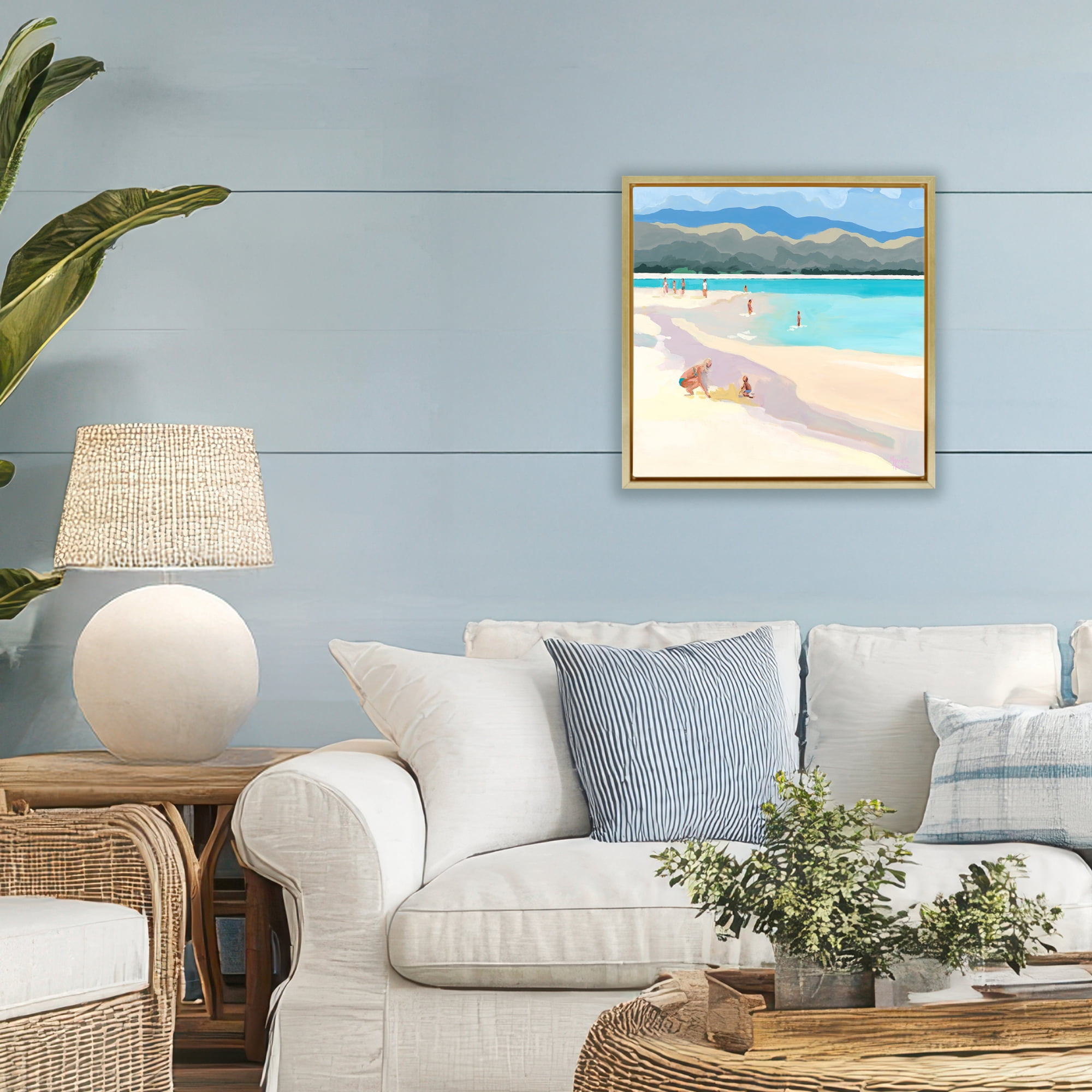 Stupell Industries Mother & Child Beach Scene Gold Framed Floater Canvas Wall Art, design by Meredith Howse