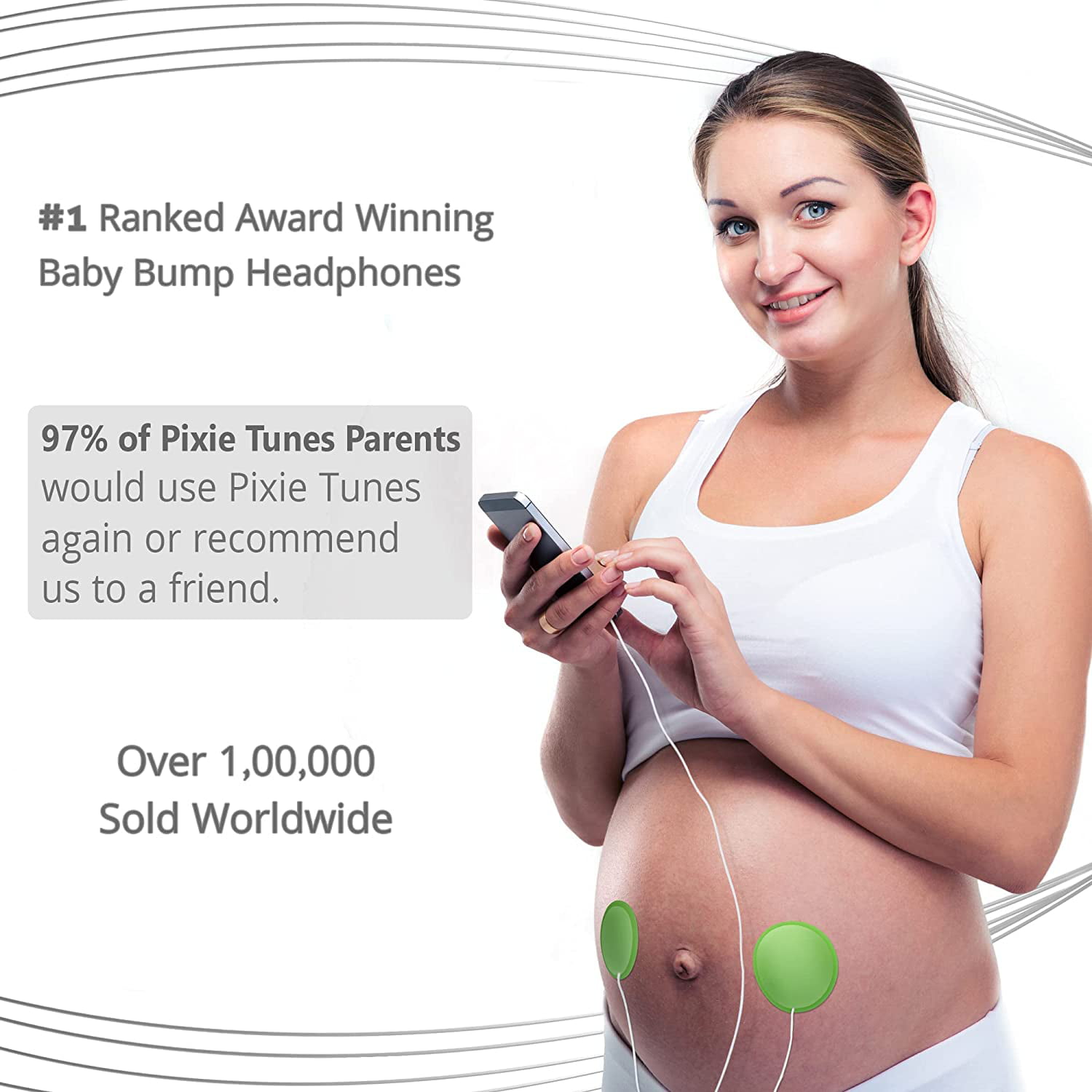 Pixie Tunes Premium Baby Bump Speaker System to Play Sound, Music and Talk to Your Baby in The Womb, White with Green Ring