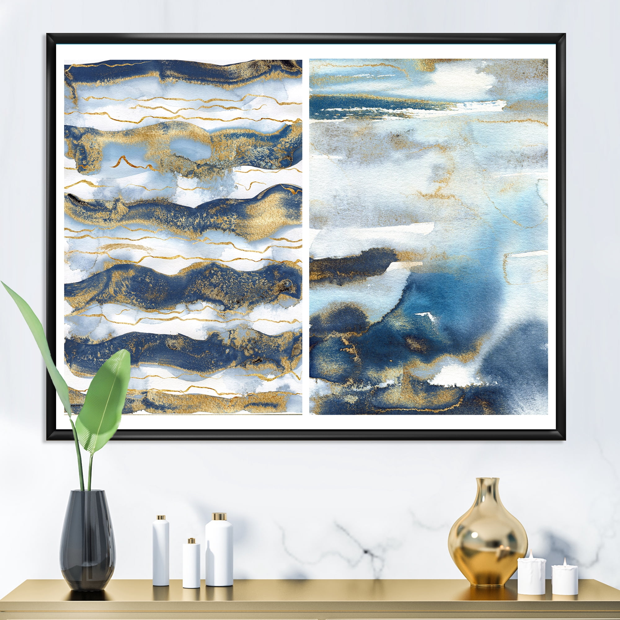 Gold and Dark Blue Abstract Waves II 20 in x 12 in Framed Painting Canvas Art Print, by Designart