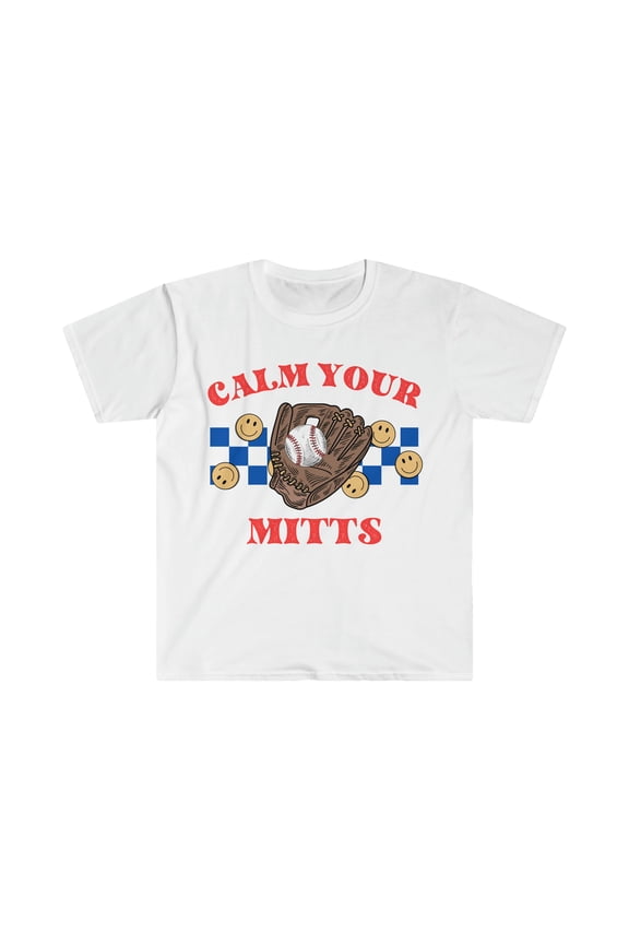 Calm Your Mitts T-Shirt, Retro Baseball Mama Checkered Smiley Face Shirt White XL