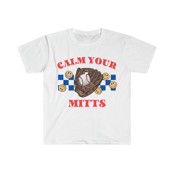 Calm Your Mitts T-Shirt, Retro Baseball Mama Checkered Smiley Face Shirt White Small