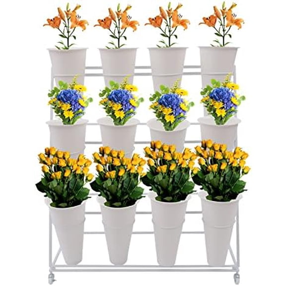 Flower Display Stand with 12 Buckets, 3 Layers White Metal Flower Cart Display Stand Flower Bar Stand with Wheels Moving Florist Bouquet Shelf for Weddings Florist Indoor Outdoor Patio Garden