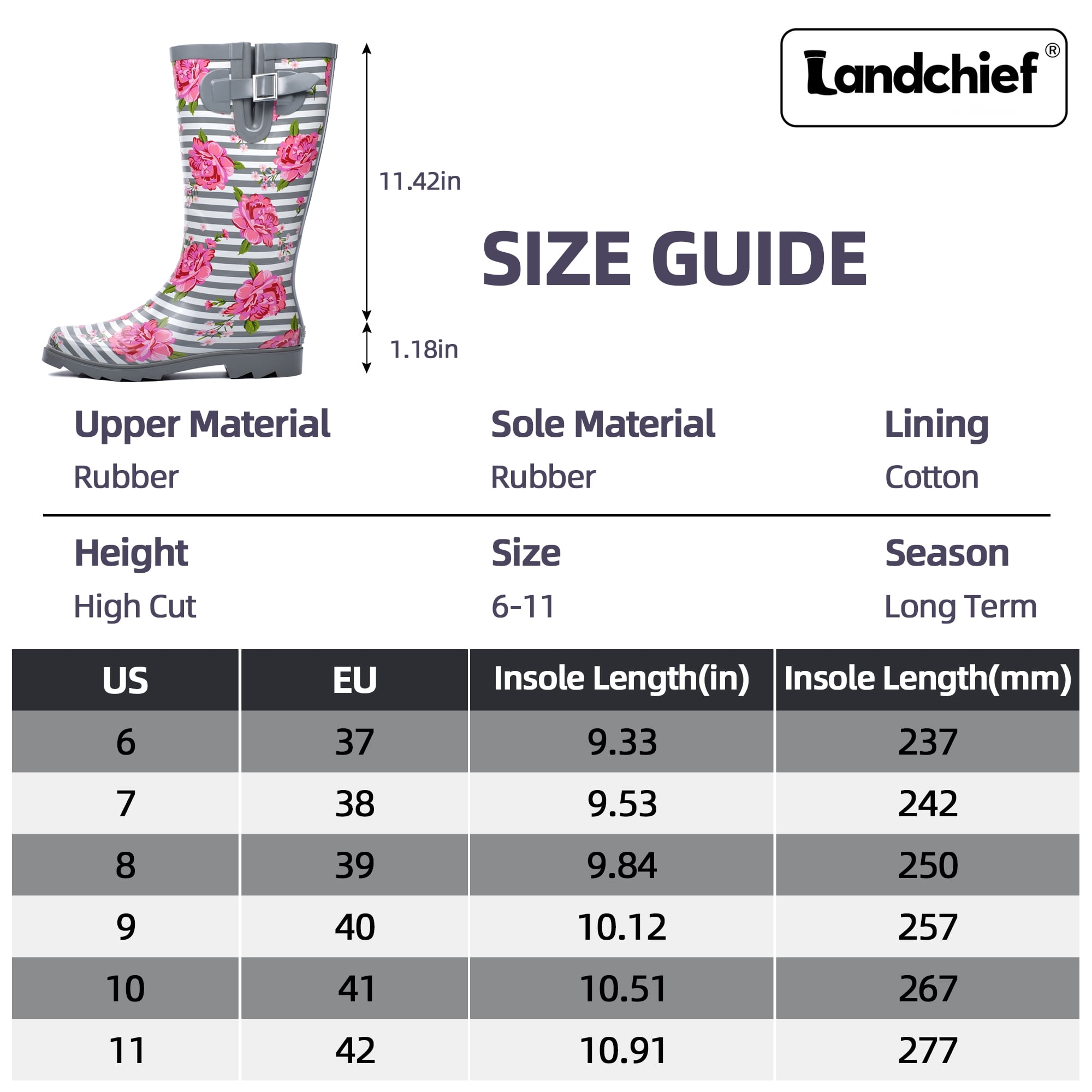 Landchief Women's Tall Waterproof Rubber Rain Boots for Garden, Size 7, Rose