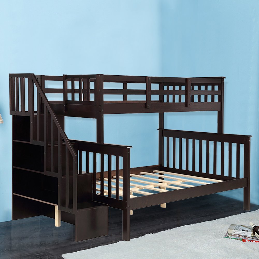 Wood Bunk Beds TwinOverFull Wood Bed Frame with Upper Bunk , Sturdy